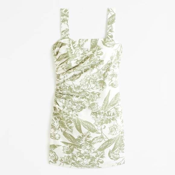 NWT Abercrombie Linen-Blend Ruched Square-Neck Mini Dress - Picture 1 of 6